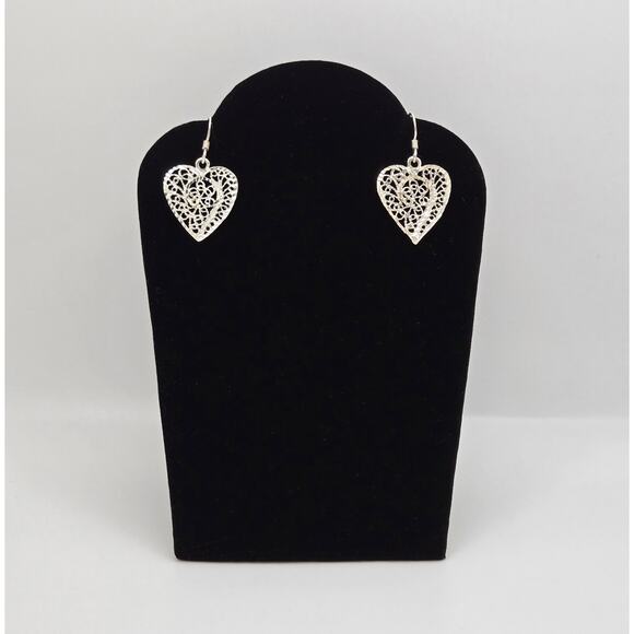 Vintage Sterling Silver Heart Earrings Diamond Cut Open Work Ornate Boho Classic - Picture 11 of 13